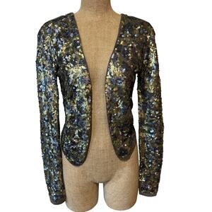 MNG Mango Casual Sportswear Sz Medium Metallic Sequin Jacket Brown Black Tie EUC